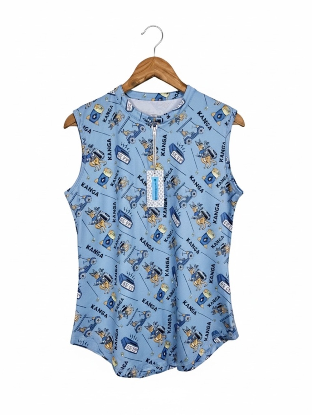 Proud 90 Sleeveless Zip Neck Kanga Beer Novelty Print Polo Blue Large Golfing
